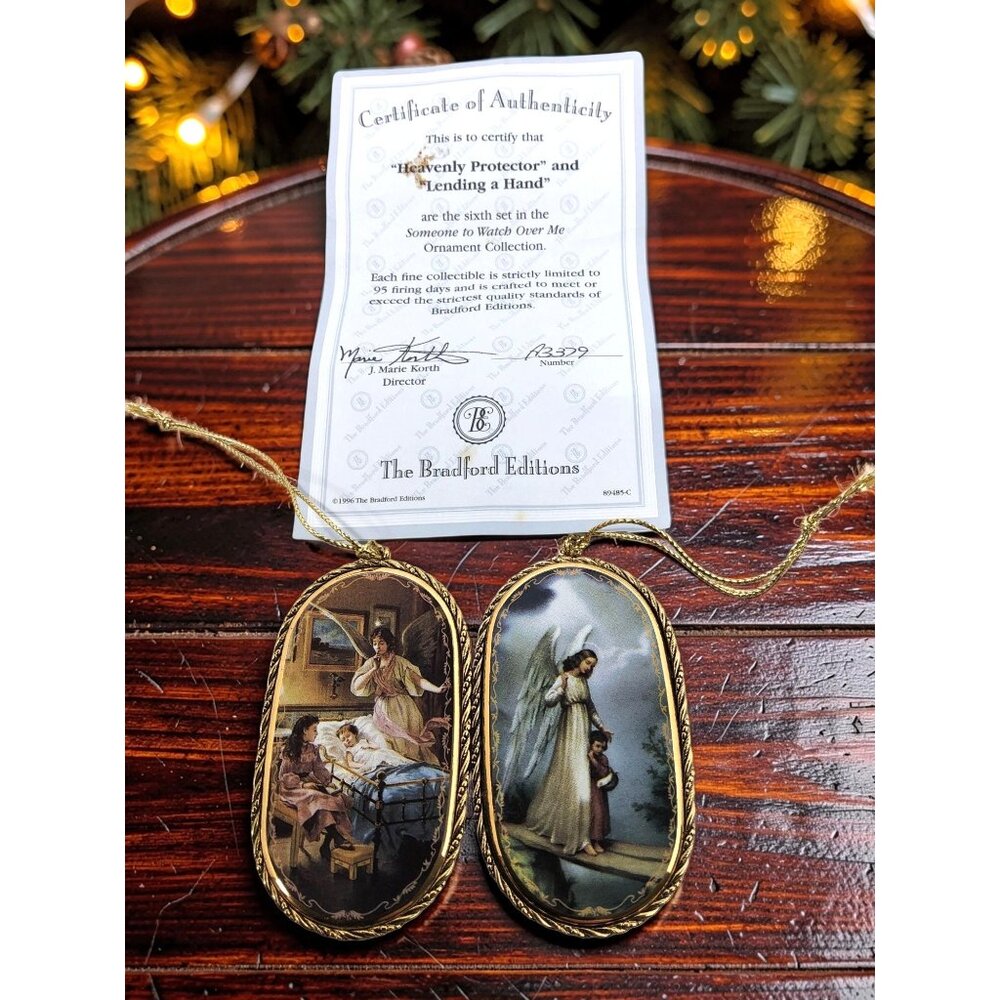 Vintage 1997 Bradford Heavenly Protector,Lending a Hand Christmas Ornaments